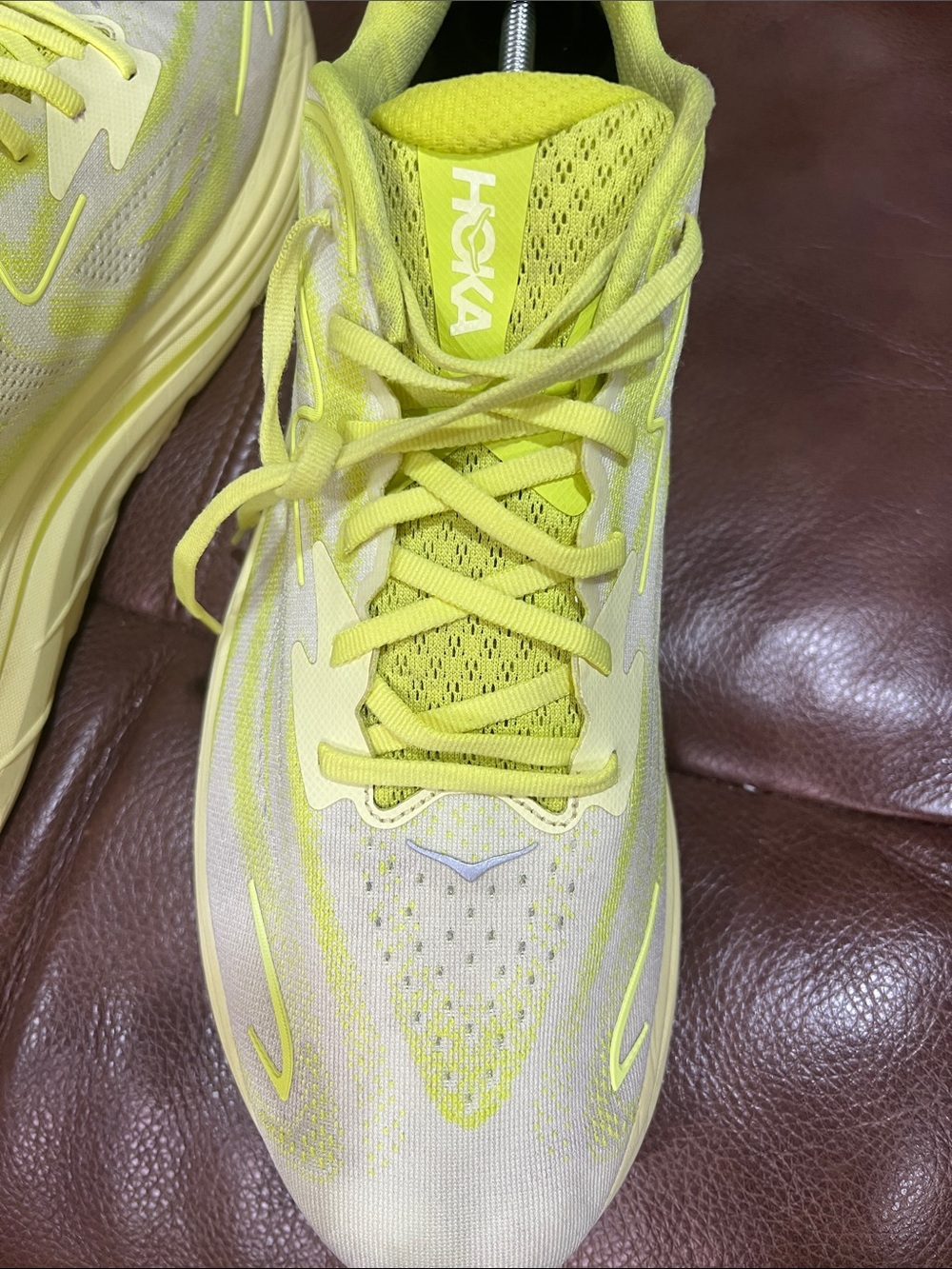Hoka Clifton 10 Neon Yellow and Cream Road Running Shoes Size 14D - Picture 7 of 12
